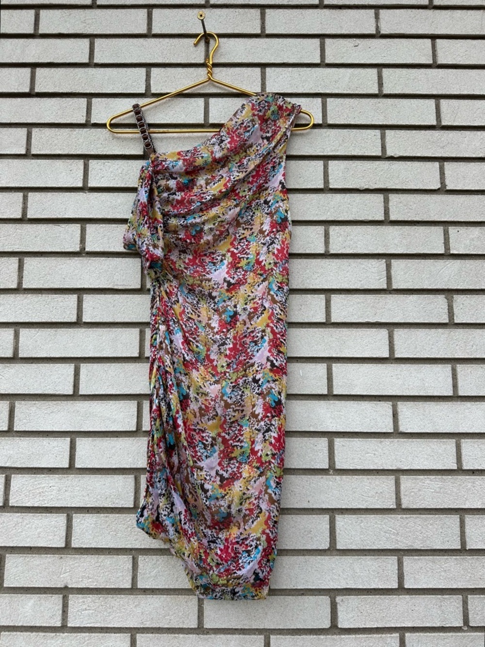 Catherine Malandrino Silk One‎ Shoulder Draped Dress Chain Strap Ruched 0 Art